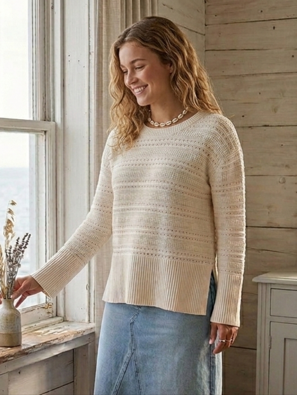 NWOT GAP M Modern Coastal Cottagecore Spring Oatmeal Mixed Stitch Knit Tunic